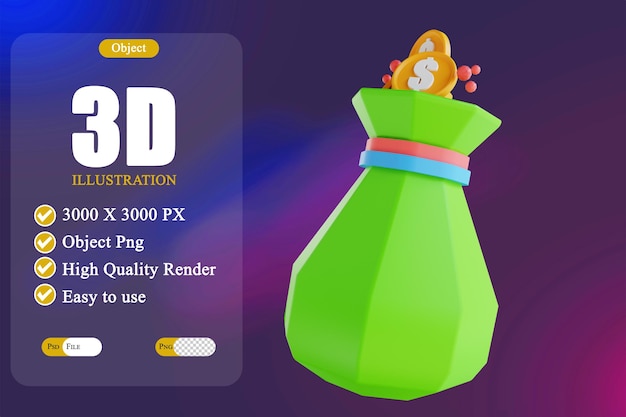 3D illustration low poly money bag 2