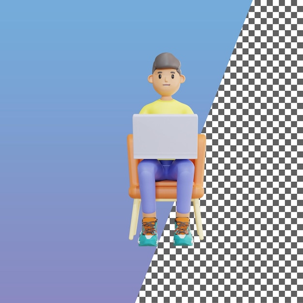 3d illustration male character working on laptop while sitting in chair 3d rendering