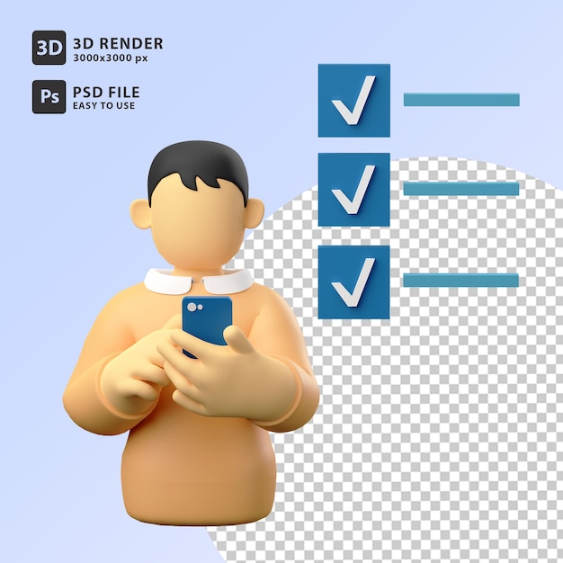 3D illustration male holding smartphone and checklist