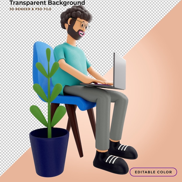 3d illustration. Male sits is resting in a chair and watching a video on a laptop