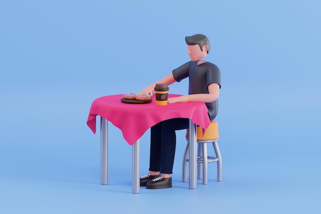 3D Illustration of Man drinking coffee in Cafe