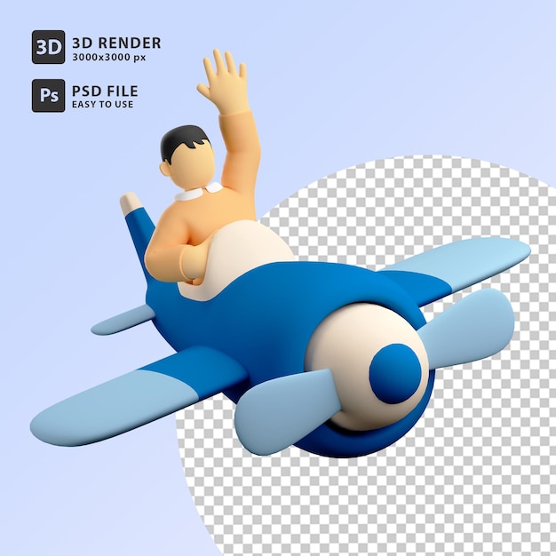 3D illustration man flight with plane