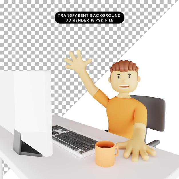 3d illustration of man in front of monitor waving