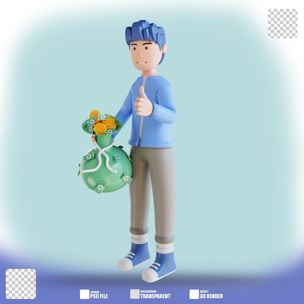 3D illustration man hand holding money bag 2