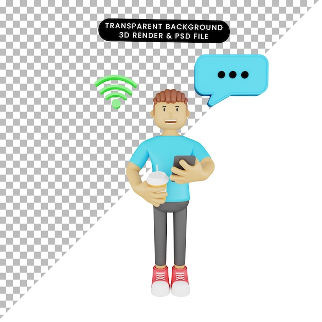 3d illustration man holding phone and coffee