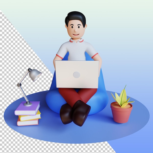 3D Illustration of Man Sitting Working With Laptop Premium PSD