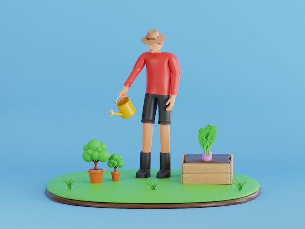 3d illustration of man watering plants Gardening or horticulture concept