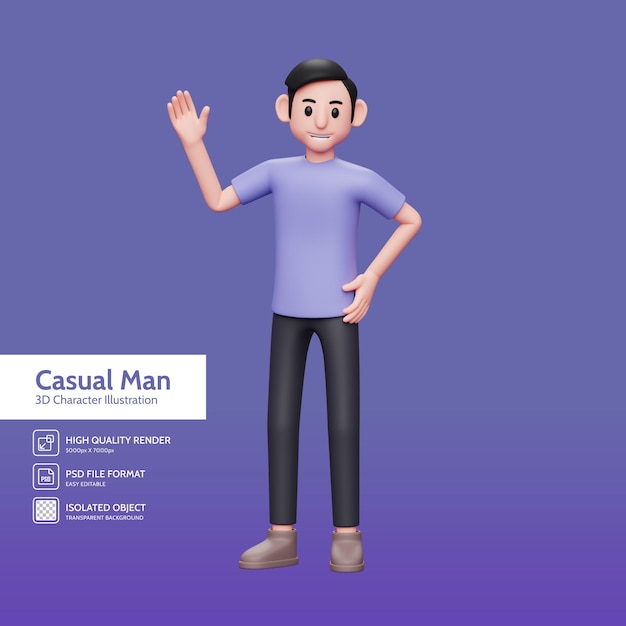 3D illustration of man waving hand and left hand on waist. Casual man saying hello, say hi