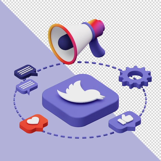 3d illustration of megaphone with twitter icon for landing page or social media