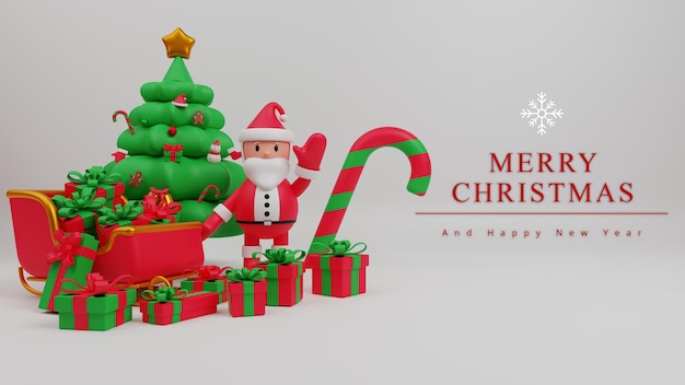 3d illustration merry christmas concept background with Santa Claus,christmas tree,gift box,candy cane