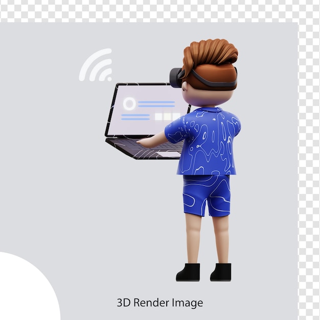 3d illustration metaverse character playing laptop, for web, app, infographic, app