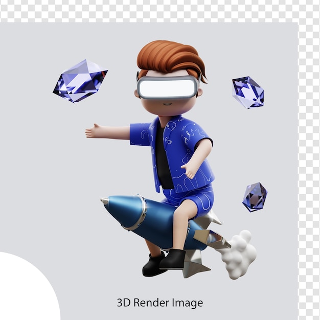 3d illustration metaverse character riding a rocket, for web, app, infographic, app