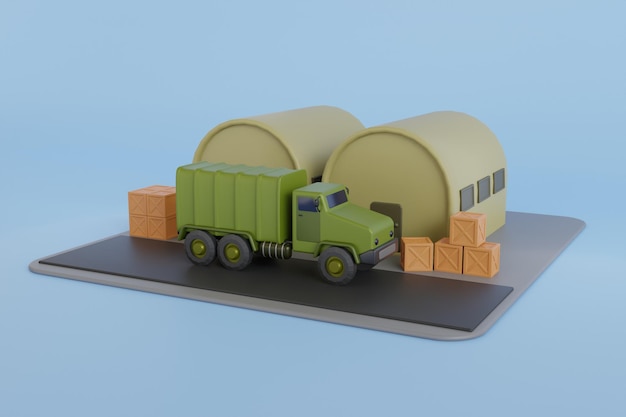 3D Illustration of Military base with war transportation Military camp 3d illustration