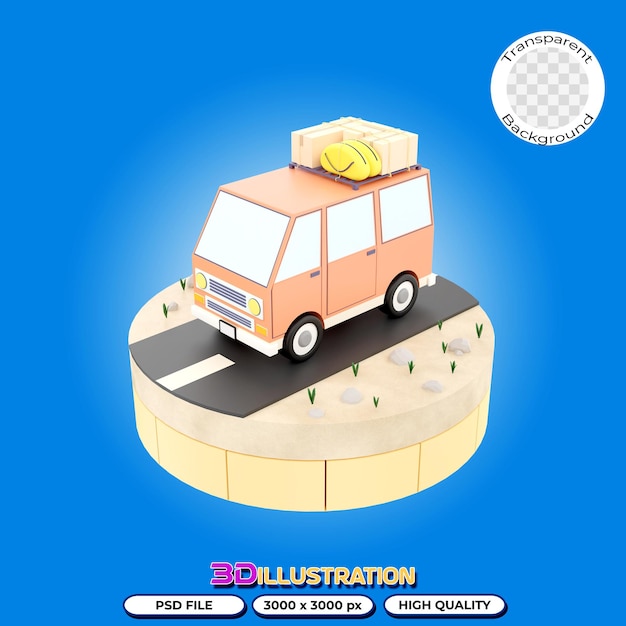 3D Illustration minivan car is going on vacation on the road podium