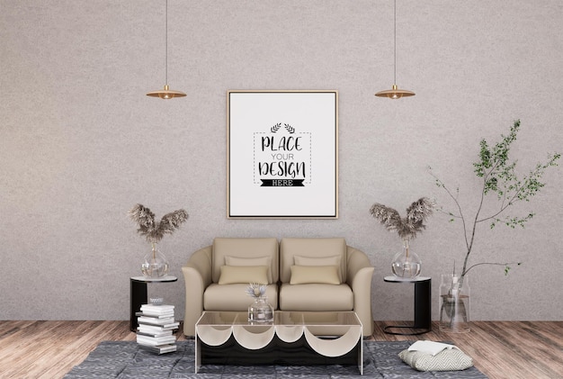 3D illustration Mockup photo frame in living room rendering