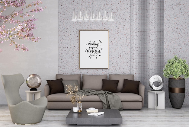 3D illustration Mockup photo frame in living room rendering