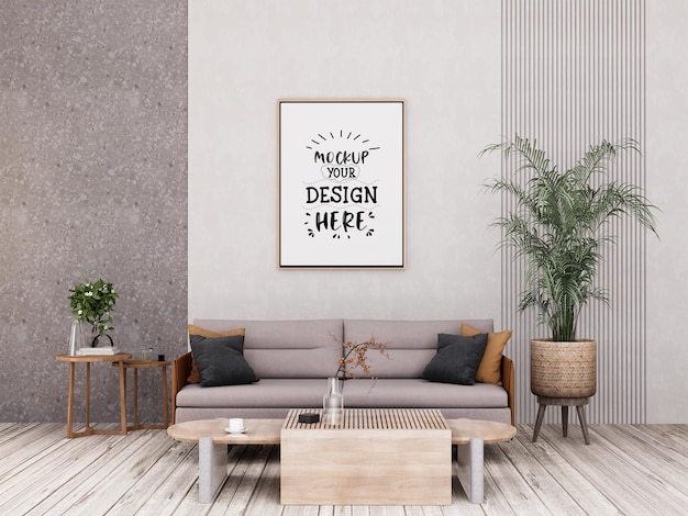 3D illustration Mockup photo frame in living room rendering