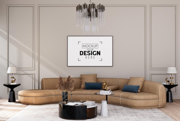 3D illustration Mockup photo frame in living room rendering