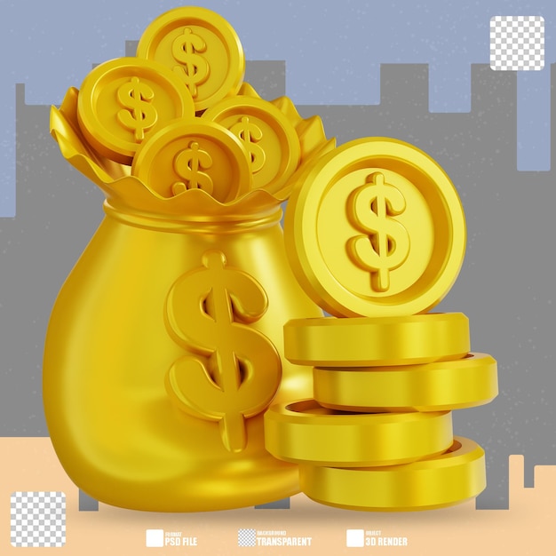 3d illustration of money bag and pile of money 2