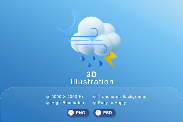 3D Illustration moon, white cloud, windy, raining and lightning weather forecast