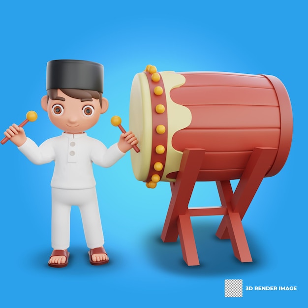 3D Illustration of Muslim character Beating the Bedug Drum