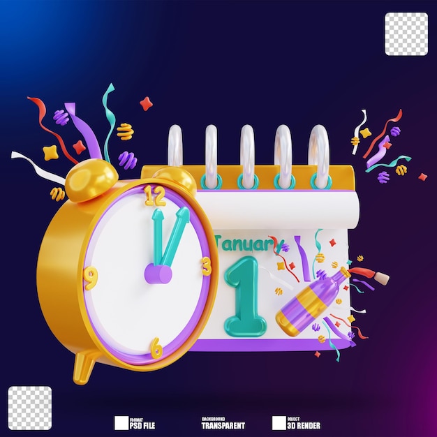 3d illustration new year clock and calendar 2