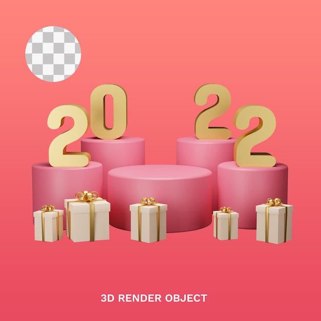 3d Illustration Object happy new year 2022 and merry Christmas with podium and element