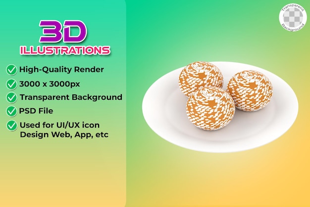 3D illustration of Ondeonde sesame seed ball on a plate of Indonesian food