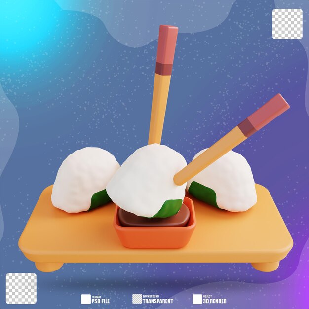 PSD 3d illustration onigiri chopsticks soy sauce traditional japanese dish 3