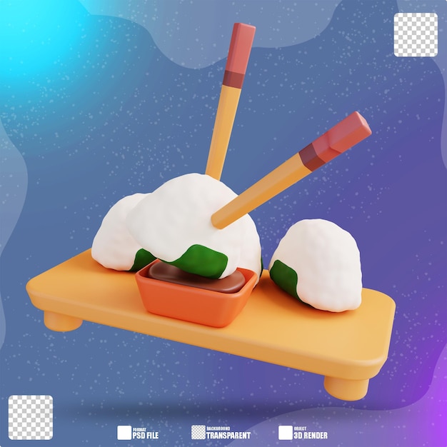 PSD 3d illustration onigiri chopsticks soy sauce traditional japanese dish