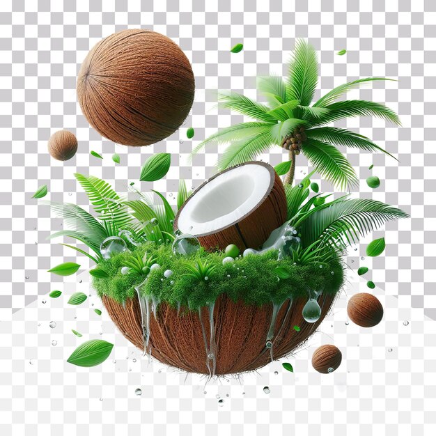 PSD 3d illustration of an opened broken coconut floatin in air on a transparent background