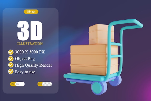 3D illustration packing box logistics trolley