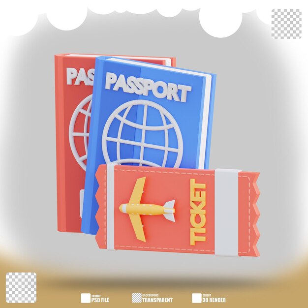 3D illustration passport and airplane ticket 3