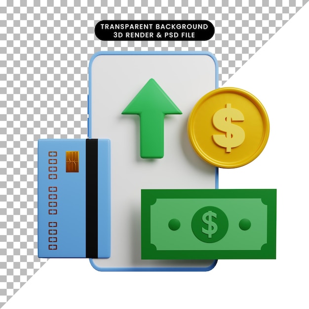 3d illustration of payment concept smartphone with arrow up, credit card, money, coin