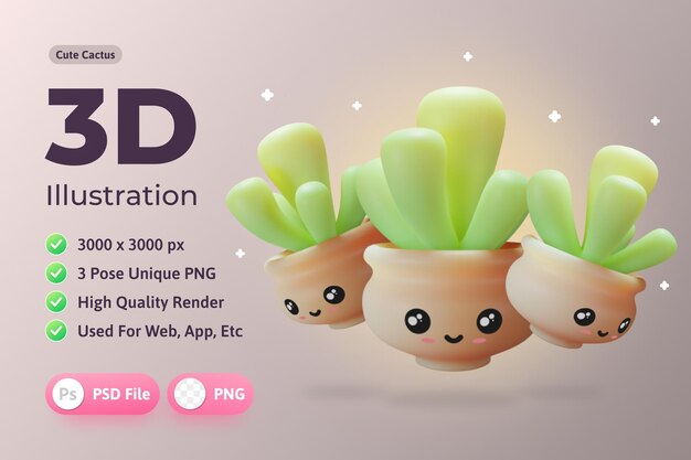 3D Illustration Plants Cute cactus used for web app infographic etc