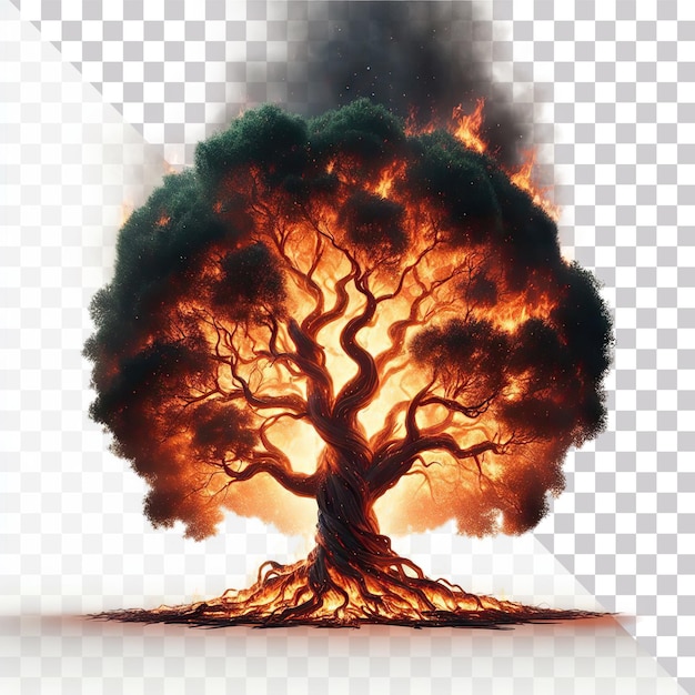 3d illustration of a realistic burning tree with smoke and flame sparks on a transparent background