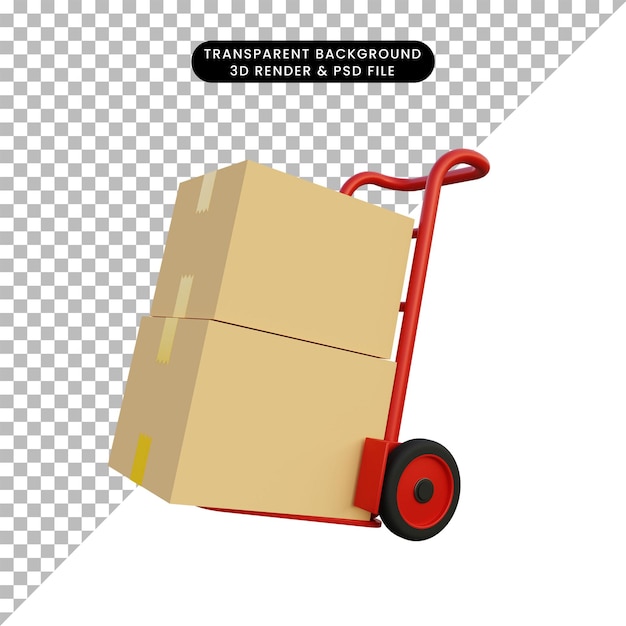 3d illustration of red box trolley with cardboard