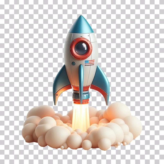 3d illustration of a rocket launching with smoke and fire isolated on a transparent background