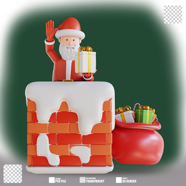 3d illustration santa Santa brings a gift box in the chimney