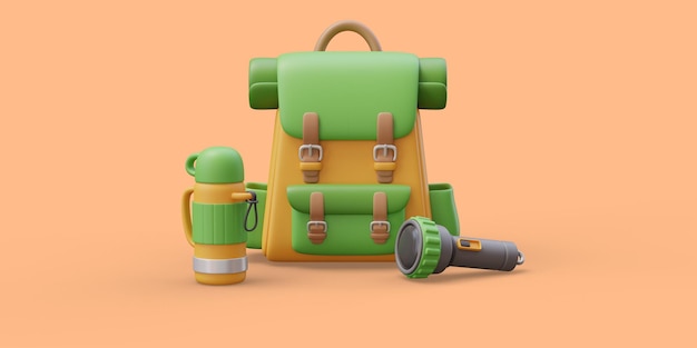 PSD 3d illustration scene backpack thermos flashlight travel adventure concept