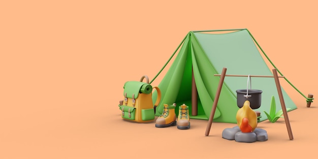 PSD 3d illustration scene camping tent backpack hiking boots bonfire pot travel adventure concept