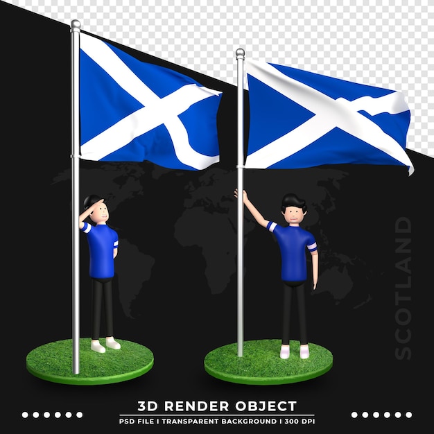 PSD 3d illustration of scotland flag with cute people cartoon character. 3d rendering.