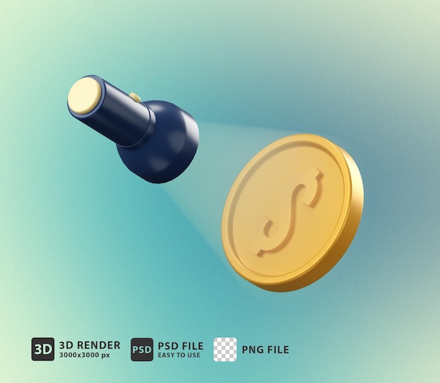 3d illustration search funds flashlight with coin