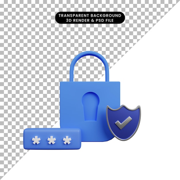 3d illustration of security concept padlock with shield and password