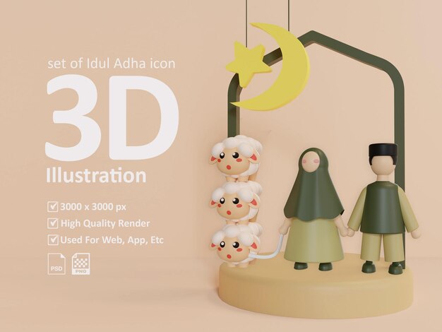 3d Illustration set of Idul Adha Icon woman man and 3 sheep