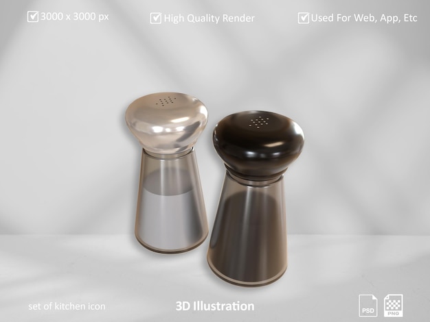 3D illustration set of Kitchen icon salt and black pepper bottle