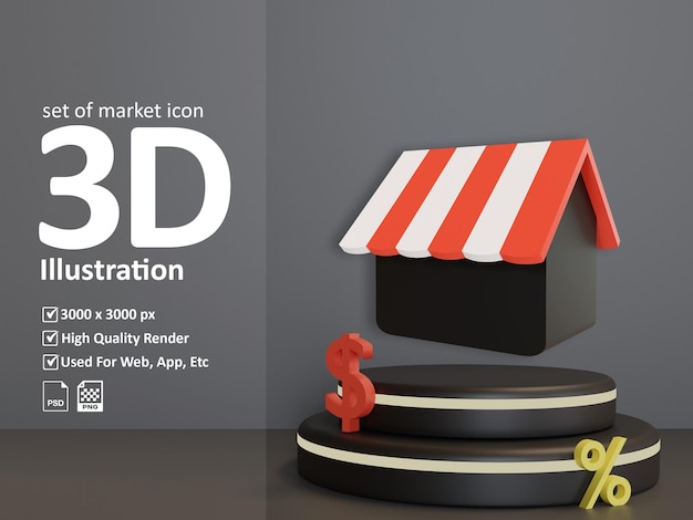 3d illustration set market icon shop at market