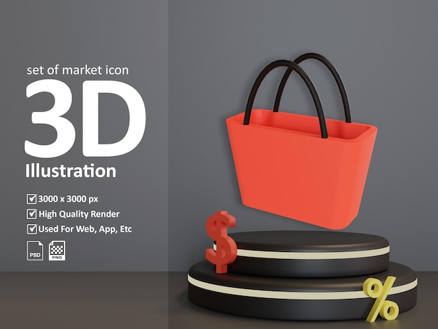 3d illustration set market icon shopping bag