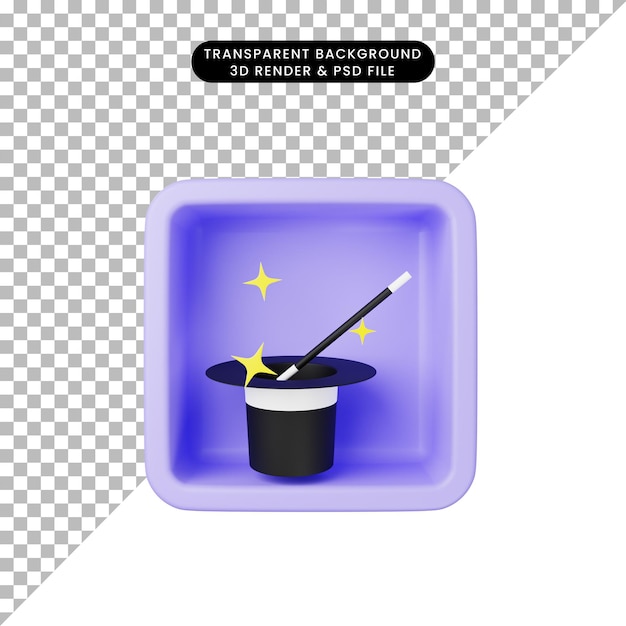 3d illustration of simple icon magic wand and magic hat on cube