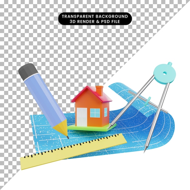 3d illustration of simple object house with blueprint ruler pencil orleon term